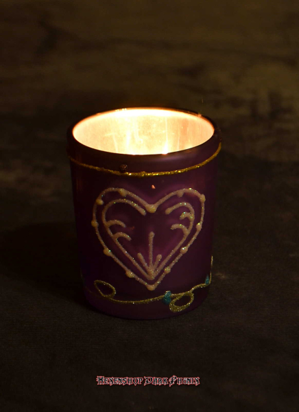 Hexenshop Dark Phönix Vintage Glasteelicht Herz in Lila Silber mit Glitzer Verzierung